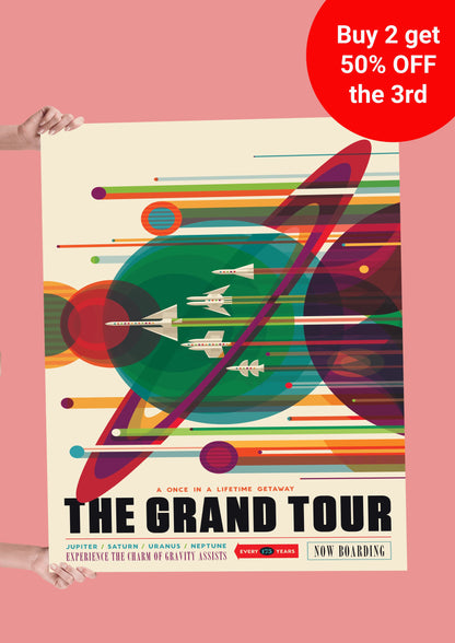 Vibrant space-themed poster with rockets and planets, promoting 'The Grand Tour' for cosmic adventures.
